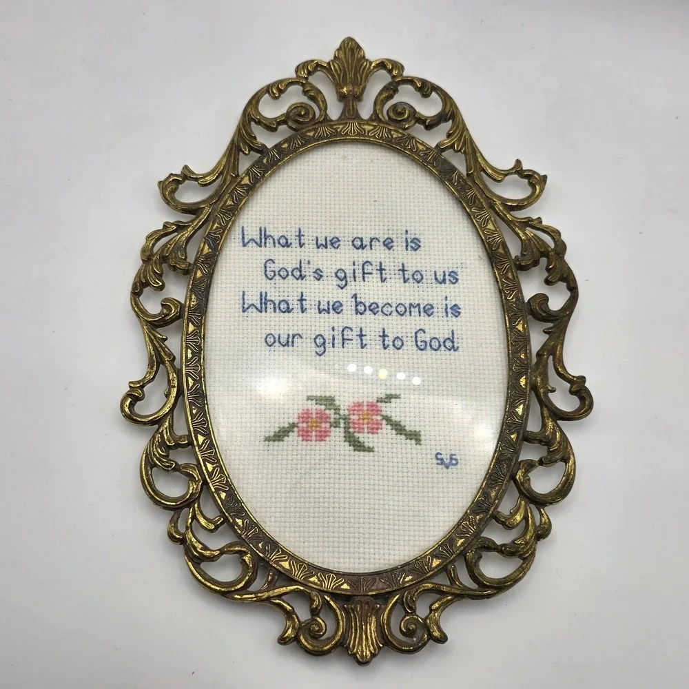 Vintage Framed Cross Stitch Religious Quote Ornate Gold Oval Filigree Frame SJB